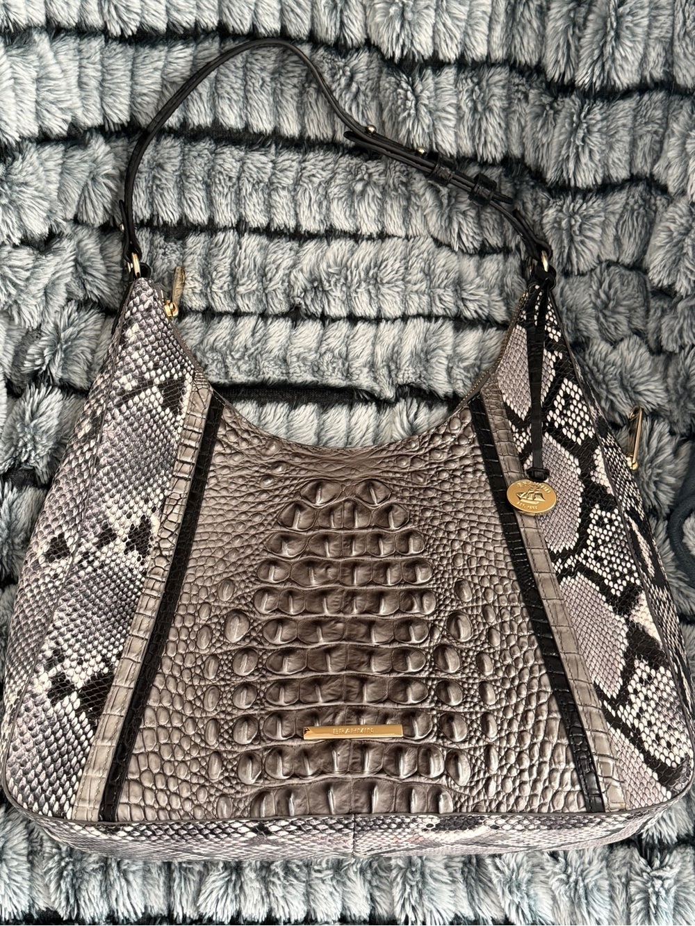 Authentic Brahmin Designer-Inspired Gray Croc & Snakeskin-Print Shoulder Bag